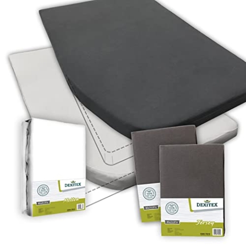 Dexitex - Spannbettlaken Wohnmobil 3er Set - 2 Spannbettlaken Antrazith + 1 Molton Matratzenschoner Links (130-160cm x 200cm)- Französische Bettwäsche - für Wohnwagen Bett -