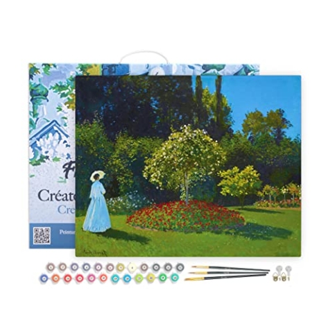 Figured'Art Malen Nach Zahlen Erwachsene Mit Rahmen Frau im Garten - Monet - Paint by Numbers Basteln DIY Bastelset 40x50cm Leinwand gespannt auf Holzrahmen