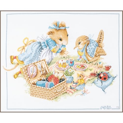 LANARTE Kreuzstich Stickpackungen Gezählter Kreuzstichbilder Set PICKNICK MIT VERA Wanddekoration Handarbeit Set für Erwachsene 49 x 39 cm DIY Deko Bastelset Handwerker Kreative Geschenkset