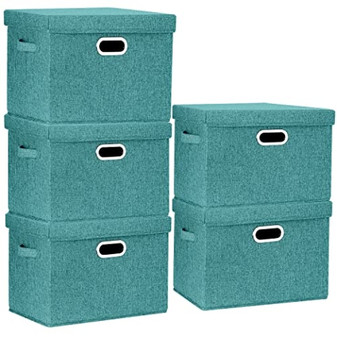 TYEERS Aufbewahrungsbox mit Deckel Groß, Stoff, Faltbare, Waschbare, Kisten Aufbewahrung mit Deckel, 44x30x29 cm, 5-Stück, Aqua Deep