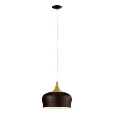 EGLO Pendelleuchte Obregon, 1 flammige Hängelampe, Hängeleuchte aus Metall in Braun, Creme und Holz in Eiche, Esstischlampe, Wohnzimmerlampe hängend mit E27 Fassung