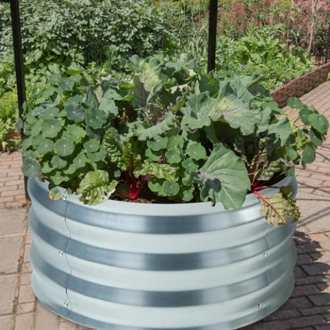 casa.pro Hochbeet Andrano Gemüsebeet für Garten Pflanzbeet Ø61 x 30,5 cm rund Blumenkasten ohne Boden verzinkter Stahl Silberfarben