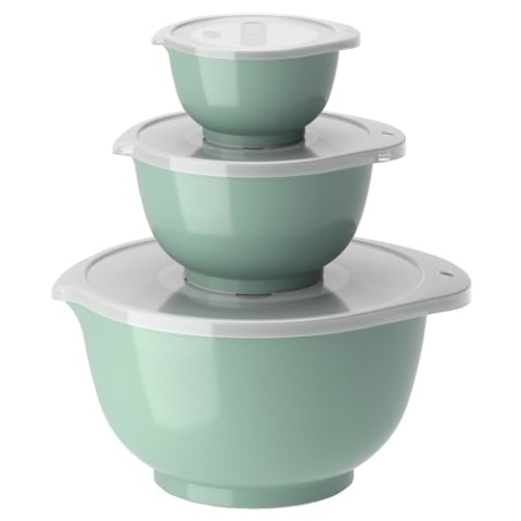 Rosti Margrethe Schüssel Set, Rührschüssel Set, 6-Teilig mit 3 Rührschüsseln und 3 Deckel, Teigschüssel aus Recycelbarem Kunststoff, 0,25 Liter, 0,75 Liter und 3 Liter, Nordic Green (Grün)