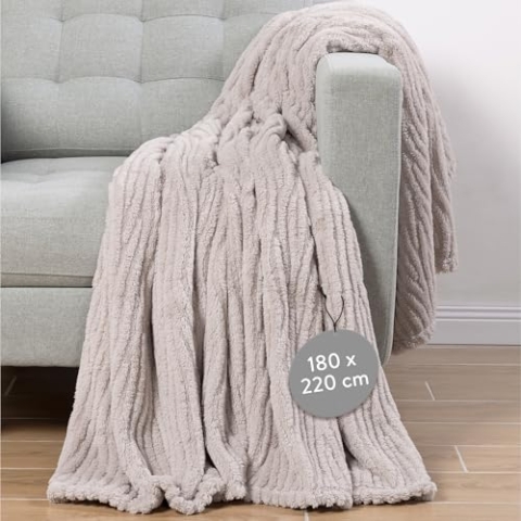 HOMELEVEL Beige Sherpa Decke Sofa 180x220 - Warme und Weiche Kuscheldecke Flauschig - Pflegeleicht Waschmaschinenfest - Sofadecke Couchdecke - Wohndecke Plüschdecke für Bett und Sofa