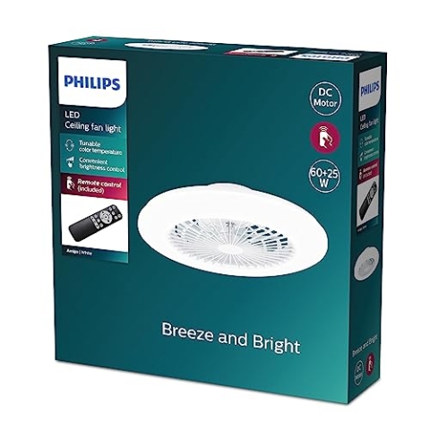 Philips-Ventilador de Techo Amigo, compacto, motor DC,con luz led integrada 25W (5500 lúmens),Luz Blanca regulable (3 temperaturas color),ideal para habitaciones pequeñas,control remoto,Blanco