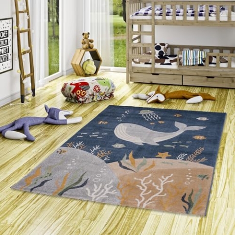 Pergamon Kinder Teppich Maui Kids Ozean - Blauer Teppich mit Tiermotiven für Kinderzimmer, Pflegeleicht und Strapazierfähig, Ideal für kleine Abenteurer und Tierfreunde
