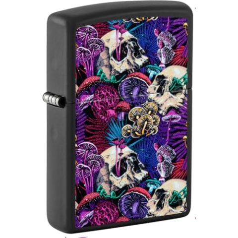 Original Zippo Feuerzeug - Psychedelic Mushroom/Totenkopf Pilz Edition, Glow in The Dark auf Schwarz Matt