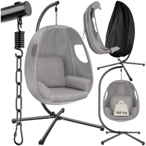 tectake® Hängesessel mit Gestell, Indoor oder Outdoor, Schaukel Sessel mit Kissen + Rückenkissen, Schaukelstuhl, Hängestuhl. Möbel für Wohnzimmer, Schlafzimmer, Balkonmöbel, bis 160kg (hellgrau)