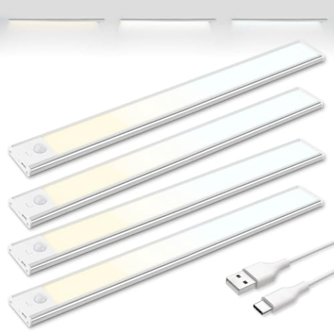 Brendz Unterbauleuchte Küche LED, LED Leiste Küche, 4 x 40cm, USB-C Wiederaufladbar, 2200mAh, 3 Farbtemperaturen, Dimmbar, Magnetisch, Küchenunterbauleuchte, Küchenbeleuchtung, Puyo Silber