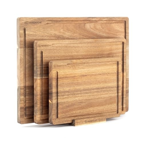 Hanseküche Schneidebrett Set – Hochwertige Schneidebretter – Holzbrett Küche groß mit Saftrille, Küchenbrett, massives Schneidbrett (Akazie, 3er Set)