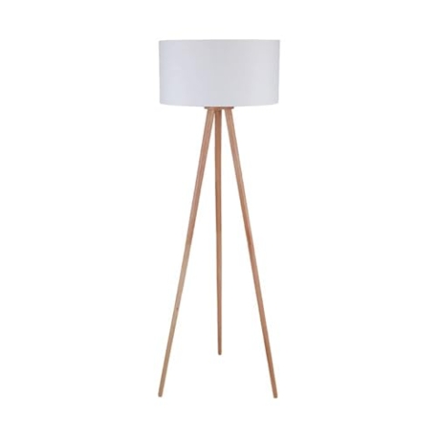 Lindby Stehlampe Dreibein Stoff weiß, Holz hell mit Fußschalter Tripod Textil Stehleuchte Wohnzimmer Wohnzimmerlampe 1x E27 max. 60W ohne Leuchtmittel