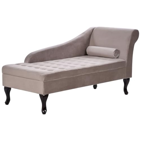 Chaiselongue rechtsseitig Samt beige Taupe Lehne Bettkasten Dekokissen Pessac