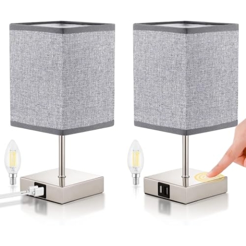 ShuBel Nachttischlampe touch dimmbar 2er set, LED Tischlampe vintage, mit 2 USB Schnellladeanschlüssen & 2 Dimmbare Glühbirne, Energiesparend, Augenschutz für Schlafzimmer, Wohnzimmer, Büro