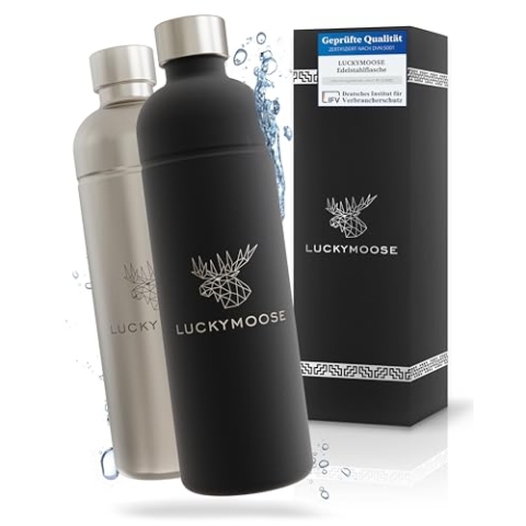 Luckymoose® Flasche für Aarke Carbonator 3, Philips GoZero & Brita SodaOne Wassersprudler, Spülmaschinenfest, 1,25L Edelstahlflasche ohne Ablaufdatum, 1xSchwarz & 1xEdelstahl Alternative Aarke-Flasche