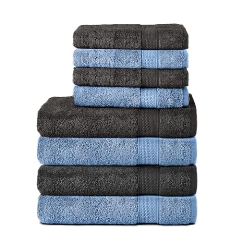 Komfortec 8er Handtuch Set aus 100% Baumwolle, 4 Badetücher 70x140 und 4 Handtücher 50x100 cm, Frottee, Weich, Towel, Groß, Schwarz/Hellblau