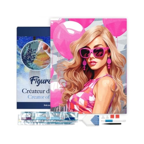 Figured'Art Diamond Painting Erwachsene 40x50cm Mit Rahmen Ganze Leinwand gespannt Rosa Ballons und die Diva 5D Bilder Eckige Steine - DIY Set Basteln