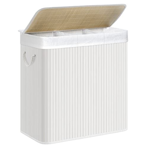 SONGMICS Wäschekorb 3 Fächer, 150 L Wäschesammler mit Deckel, Wäschebox Bambus, mit Griffen, faltbar, Wäschesack herausnehmbar maschinenwaschbar, Waschküche, weiß LCB091W01