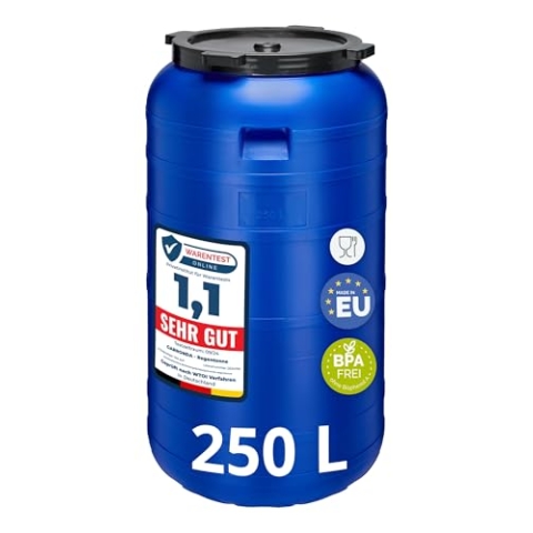 Garronda 250 Liter Weithalsfass BPA-frei Futtertonne Fass Universalfass Lebensmittel Fass Regenfass für Garten Regentonne mit Deckel Regenwassertonne für Garten Wassertonne GD-0093, Blau