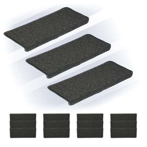 Relaxdays Stufenmatten 15er Set, rechteckige Treppenstufenmatten, 65 x 24 cm, Selbstklebende Treppenteppiche, dunkelgrau