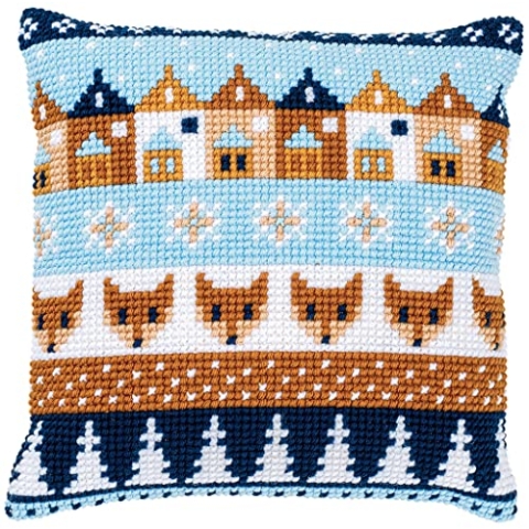 Vervaco Kreuzstich Stickpackungen Kissen Stickerei Set Anfänger Vorgedruckt Wintermotive DIY Set Kreativ Set Für Erwachsene Dekoratives Kissen ca. 40 x 40 cm Bastelset Handwerker Haus Dekoration