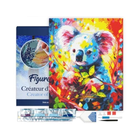 Figured'Art Diamond Painting Erwachsene 40x50cm Mit Rahmen Ganze Leinwand gespannt Koala Farbenfroh Abstrakt 5D Bilder Eckige Steine - DIY Set Basteln