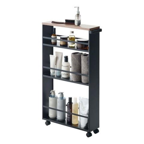 Yamazaki 3628 TOWER Schmaler Rollwagen mit Griff, schwarz, Stahl/Holz, minimalistisch, 13 x 47.5 x 80.5 cm