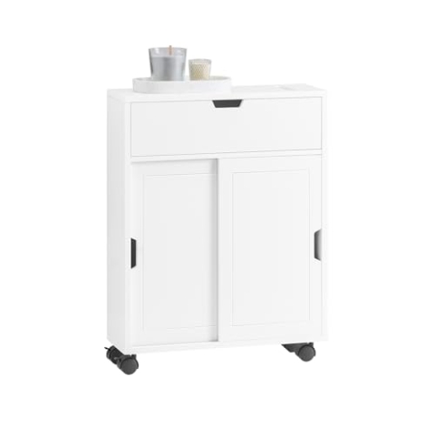 SoBuy BZR31-W Nischenregal Badezimmerschrank Badschrank Badrollwagen mit 2 Schiebetüren und 1 Klappe Kommode fürs Bad Badezimmerregal Badmöbel Weiß BHT ca. 52x68x17cm