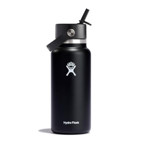 HYDRO FLASK - Trinkflasche 946ml (32oz) mit Strohdeckel - Vakuumisolierte, Wiederverwendbare Flasche aus Edelstahl - Auslaufsicherer Deckel - Größe Öffnung - Black
