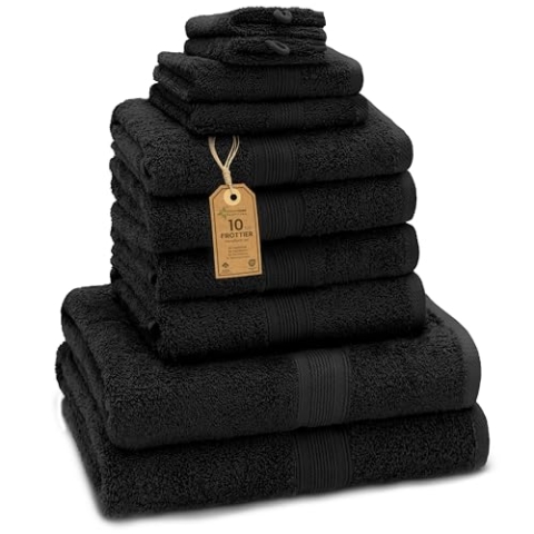 GREEN MARK Textilien 10 TLG. FROTTIER Handtuch-Set mit verschiedenen Größen 4X Handtücher, 2X Duschtücher, 2X Gästetücher, 2X Waschhandschuhe | Farbe: Schwarz | Premium Qualität