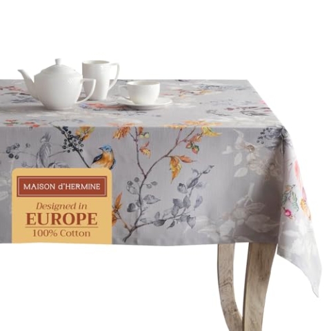Maison d' Hermine Equinoxe(Grey) 100% Baumwolle Tischdecke für Küche | Abendessen | Tischplatte | Dekoration Parteien | Hochzeiten | Thanksgiving/Weihnachten (Rechteck, 140cm x 180cm)