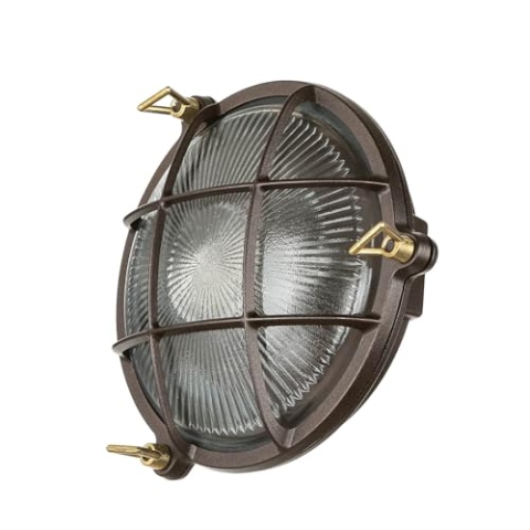 Licht-Erlebnisse Wandleuchte Außen Messing Glas in Rostbraun Antik IP64 Garten Garage Ø21 cm E27 Rustikal Maritim Schiffslampe Außenlampe Hof SERIFOS