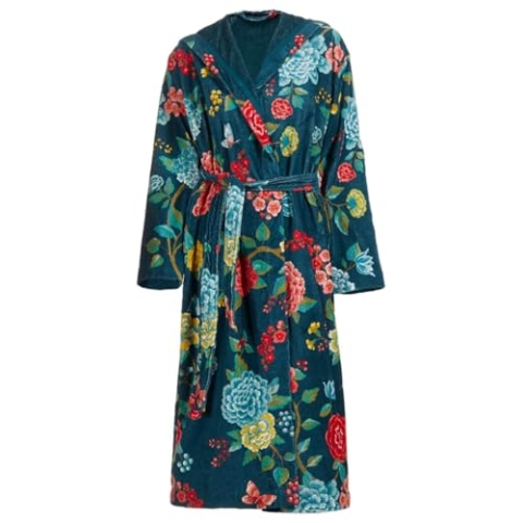 PiP Studio Bademantel Good Evening Dunkelblau Sauna Frottee Blumen Blüten Print Morgemantel Geblümt Kapuze, Größe:XS