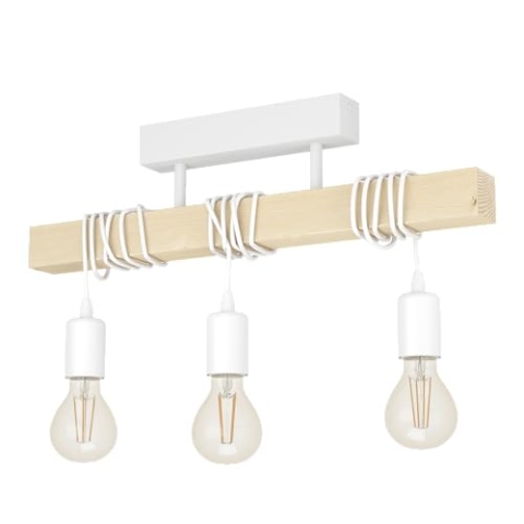 EGLO Deckenlampe Townshend, 3 flammige Vintage Deckenleuchte im Industrial Design, Retro Pendelleuchte aus Stahl und Holz, Farbe Weiß, braun, FSC zertifiziert, E27