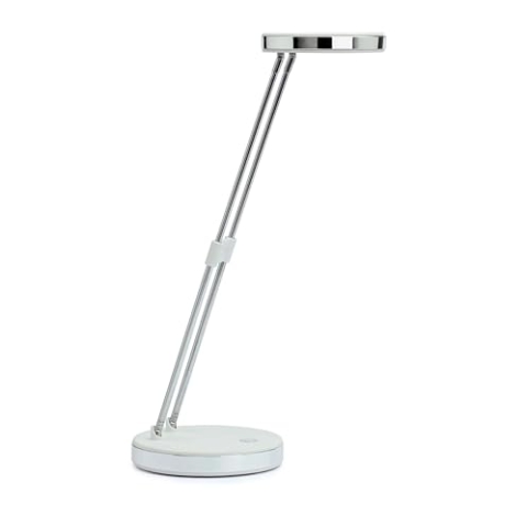 MAUL Schreibtischlampe MAULpuck 13x13x37cm | Moderne LED Lampe mit 1.260 Lux und 6.500 Kelvin | Tageslichtweiß | Tischlampe mit Metall-Teleskoparm für anpassbare Höhe | Weiß
