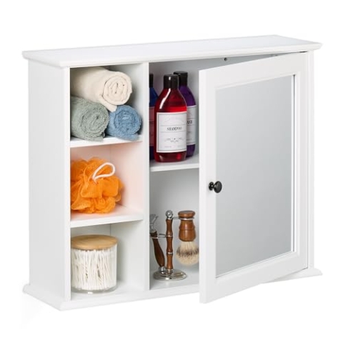 Relaxdays Spiegelschrank, 3 offene Fächer, 2 Schrankfächer, H x B x T: 48 x 60 x 18 cm, Badezimmer Hängeschrank, weiß