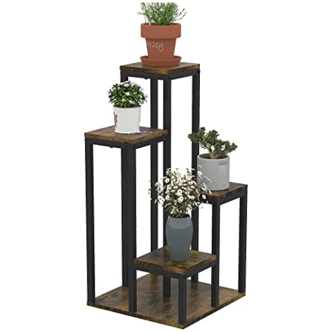 Outsunny Pflanzenständer mit 4 Ebenen, Multifunktionales Pflanzenregal, mehrstöckiges Blumenregal, Blumenständer für Garten, Balkon, Braun, 40 x 40 x 81 cm
