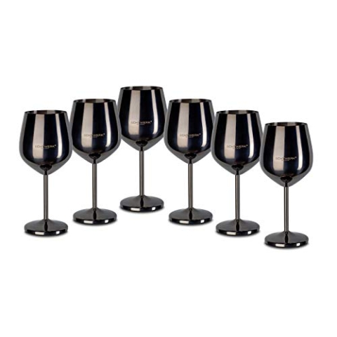 ECHTWERK bruchsichere Weinkelche aus Edelstahl, Weinglas-Set, Rotweinglas, Weinprobe-Gläser, Campinggläser, Cocktailgläser, robust, unzerbrechlich, Black Edition, 6tlg, 21x 7,3cm, 0,5L