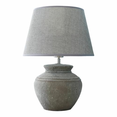 LOBERON Tischlampe Cleveland, kunstvoll gearbeiteter Fuß, Tischleuchte im Antik-Look, Akzentbeleuchtung, Wohn-Accessoire, Keramik, Leinen, grau