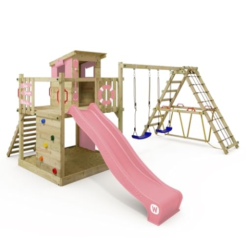 WICKEY Spielturm Klettergerüst Smart Surf mit Schaukel & pastellpinker Rutsche, Outdoor Kinder Kletterturm mit Sandkasten, Leiter & Spiel-Zubehör für den Garten