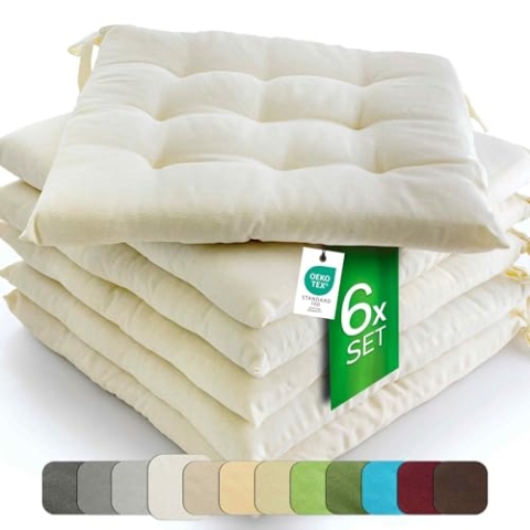 etérea 6er Set Sitzkissen Outdoor 40x40 mit Bändern - Stuhlkissen Creme für Gartenstuhl & Innenbereich - waschbare Sitzauflagen Gartenmöbel - 6 Stück Kissen 40x40 cm - Creme