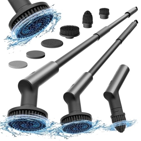 HOTO Elektrische Reinigungsbürste mit Verlängerungsstiel, IPX7 Wasserdicht, 6 Wechselbürstenköpfe – Für Böden, Fliesen, Glas und Toiletten – Ideal für Bad, Küche und Auto (Dunkelgrau)