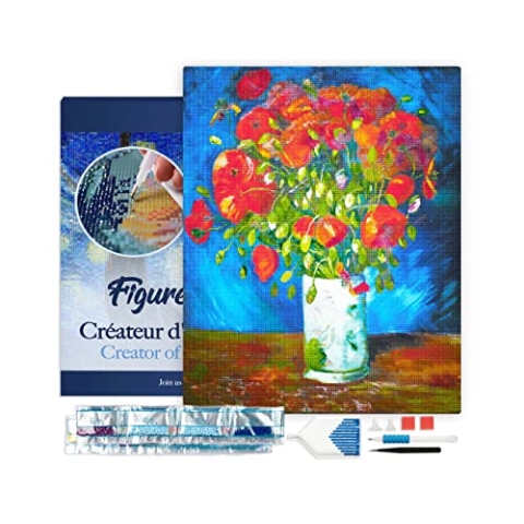Figured'Art Diamond Painting Erwachsene 40x50cm Mit Rahmen Ganze Leinwand gespannt Vase mit rotem Klatschmohn Van Gogh 5D Bilder Eckige Steine - DIY Set Basteln