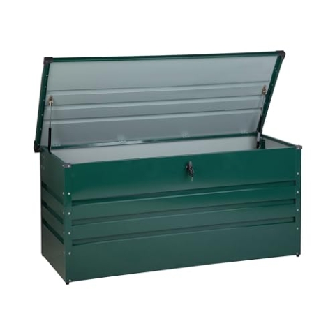 Beliani Große Metall-Gartentruhe 400 l dunkelgrün Kissenbox Auflagenbox für die Terrasse wasserdicht Aufbewahrungsbox Gartenbox Cebrosa