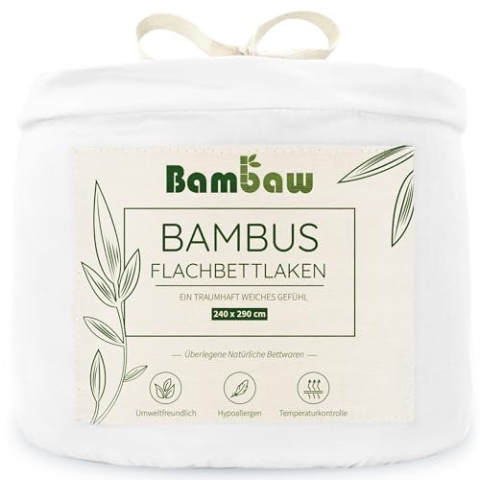 Großes Weißes Bettlaken ohne Gummi aus Bambus | Kühlendes 240x290 cm Bambus Bettlaken | Sanft zu Haut und Haar | Antistaub | Angenehm Kühlende Bettwäsche | Kühlendes Laken | Bettlaken Weiß | Bambaw
