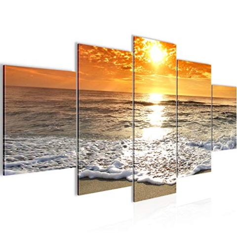 Runa Art - Bilder Sonnenuntergang Strand 200 x 100 cm 5 Teilig XXL Wanddekoration Design Orange Beige 600051a