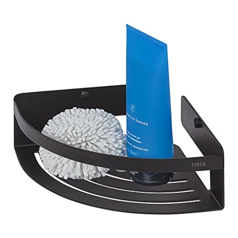 Tiger Caddy Duschkorb Eckversion klein, platzsparende Duschablage aus rostfreiem Edelstahl, Farbe: Schwarz, Duschregal für kleine Bäder und Duschkabinen