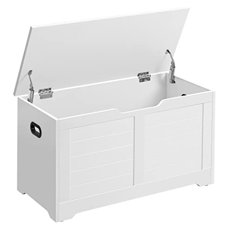 VASAGLE Schuhbank, Sitzbank mit Stauraum, Sitztruhe mit 2 Sicherheitsscharnieren, Aufbewahrungsschrank, Landhausstil, 40 x 80 x 46 cm, für Flur, Schlafzimmer, Wohnzimmer, wolkenweiß LSB063T14