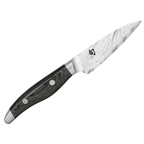 KAI Shun Nagare Officemesser 9 cm Klingenlänge - 72 Lagen Damaszenerstahl VG 2 & VG 10 Dual-Core-Klinge - Pakkaholz grauschwarz - Handgefertigt in Japan - Gemüsemesser Spickmesser geschmiedet