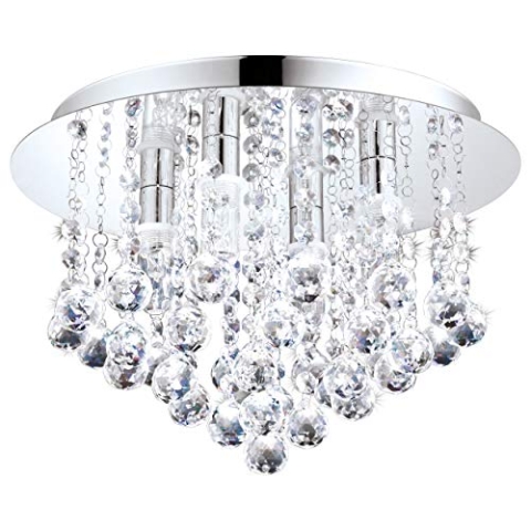 EGLO LED Deckenleuchte Almonte, 4 flammige Deckenlampe Bad, Badezimmer Lampe aus Metall in Chrom und klarem Kristal, LED Feuchtraumleuchte warmweiß, G9, IP44, Ø 35 cm