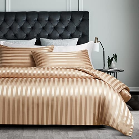 Damier Bettwäsche 220x240cm Beige Satin glänzend Seidig Bettbezug Set 3-teilig Uni einfarbig Luxus Glanzsatin gestreift Bettbezug mit verdecktem Reißverschluss und 2 Kissenbezüge 80 × 80 cm